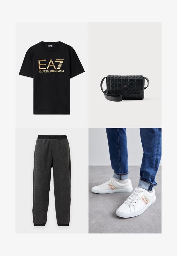 Čierne bavlnené tričko s krátkymi rukávmi, s potlačou zlatého loga "EA7 EMPORIO ARMANI" na prednej strane. Jednoduchý dizajn, okrúhly výstrih.; Sivé teplákové nohavice s textúrovanou tkaninou, s celoplošným vzorom loga, elastickým pásom a elastickými manžetami na členkoch.; Biele kožené tenisky s viacfarebnými prúžkami, šnurovací dizajn, gumená podrážka a polstrovaný golier, skombinované s modrými džínami.; Čierna textúrovaná kabelka cez rameno s klopou a malým kovovým logom na prednej strane, vystavená na jednoduchom pozadí.