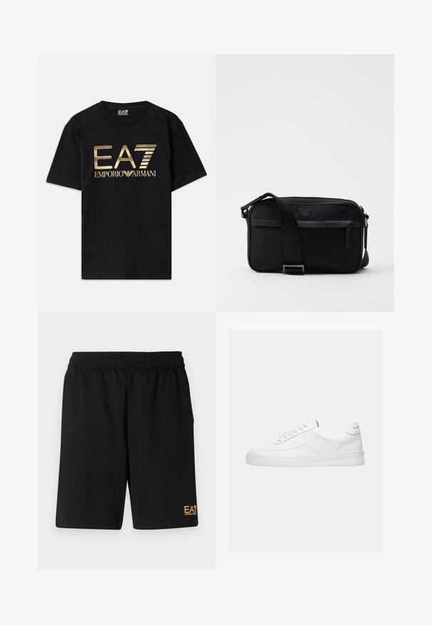 Schwarzes Baumwoll-T-Shirt mit kurzen Ärmeln, auf dessen Vorderseite ein in Gold gedrucktes "EA7 EMPORIO ARMANI" Logo prangt. Schlichtes Design, Rundhalsausschnitt.; Schwarze Sportshorts aus weichem Material, mit einem elastischen Bund und einem kleinen gelben EA7-Logo am unteren linken Bein.; Weißer Sneaker mit niedrigem Schaft, Schnürdesign, glattem Lederobermaterial und dicker Sohle, von der Seite auf einfachem Hintergrund gezeigt.; Schwarze Nylon-Schultertasche mit einem kontrastierenden Riemen, schlanker rechteckiger Form, Logo-Detail und einer Reißverschlusstasche auf der Vorderseite.