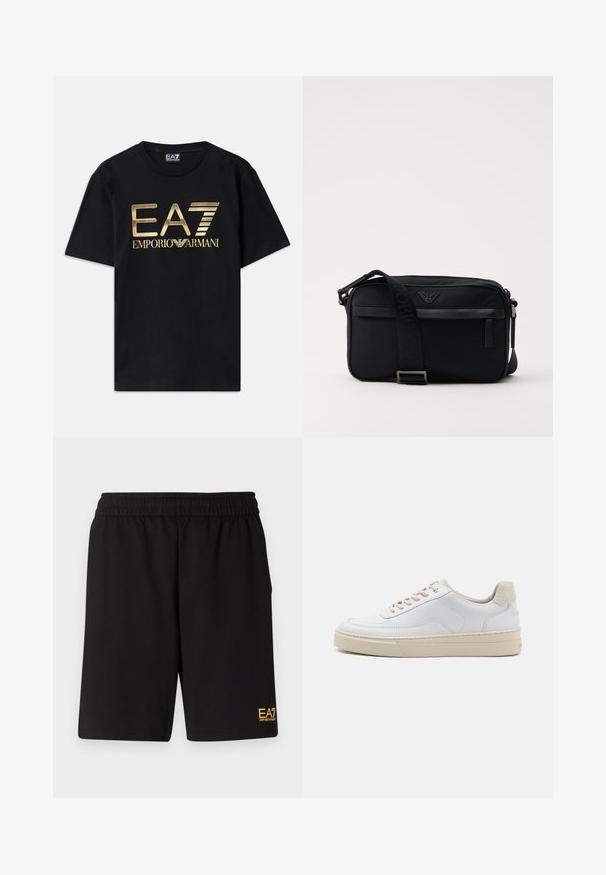 Schwarzes Baumwoll-T-Shirt mit kurzen Ärmeln, auf dessen Vorderseite ein in Gold gedrucktes "EA7 EMPORIO ARMANI" Logo prangt. Schlichtes Design, Rundhalsausschnitt.; Schwarze Sportshorts aus weichem Material, mit einem elastischen Bund und einem kleinen gelben EA7-Logo am unteren linken Bein.; Weiße Sneaker mit einem glatten Lederobermaterial, beigen Schnürsenkeln und einer strukturierten, beigen Wildleder-Fersenschlaufe. Erhöhte Sohle für zusätzlichen Komfort.; Schwarze Nylon-Schultertasche mit einem kontrastierenden Riemen, schlanker rechteckiger Form, Logo-Detail und einer Reißverschlusstasche auf der Vorderseite.