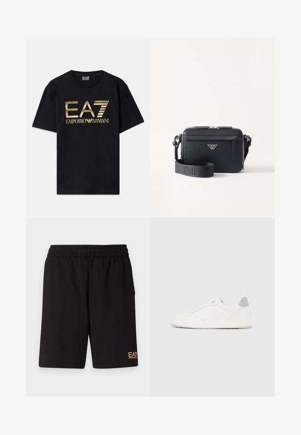 Schwarzes Baumwoll-T-Shirt mit kurzen Ärmeln, auf dessen Vorderseite ein in Gold gedrucktes "EA7 EMPORIO ARMANI" Logo prangt. Schlichtes Design, Rundhalsausschnitt.; Schwarze Sportshorts aus weichem Material, mit einem elastischen Bund und einem kleinen gelben EA7-Logo am unteren linken Bein.; Weißer Sneaker mit niedrigem Schaft, grauem Fersenlaschen, weißen Schnürsenkeln und einer strukturierten Sohle, dargestellt vor einem schlichten hellen Hintergrund.; Schwarze Umhängetasche aus strukturiertem Material. Verfügt über einen Reißverschluss, eine vordere Reißverschlusstasche und ein Metall-Logo-Detail. Inklusive verstellbarem Schultergurt.