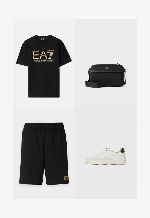 Čierne bavlnené tričko s krátkymi rukávmi, s potlačou zlatého loga "EA7 EMPORIO ARMANI" na prednej strane. Jednoduchý dizajn, okrúhly výstrih.; Čierne športové šortky vyrobené z jemného materiálu, s elastickým pásom a malým žltým logom EA7 na dolnej ľavej nohe.; Biele tenisky s semišovými akcentmi, zaoblenou špičkou, plochými šnúrkami a krémovou gumovou podrážkou. Na päte sú zelené značky.; Čierna obdĺžniková crossbody taška s predným vreckom na zips, nastaviteľným popruhom a malým kovovým logom v hornej strede.