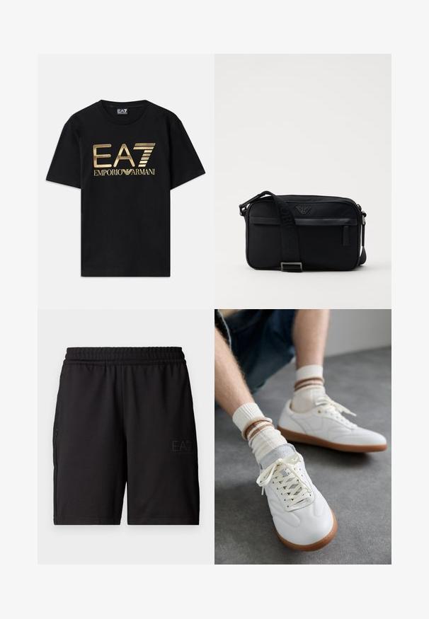 Schwarzes Baumwoll-T-Shirt mit kurzen Ärmeln, auf dessen Vorderseite ein in Gold gedrucktes "EA7 EMPORIO ARMANI" Logo prangt. Schlichtes Design, Rundhalsausschnitt.; Schwarze Sportshorts aus leichtem Material, mit elastischem Bund und seitlichen Netzpaneelen. Markenlogo auf der Vorderseite gedruckt.; Weiße Ledersneaker mit glatter Textur, grauen Wildlederelementen, beigen Gummisohlen und flachen Schnürsenkeln. Kombiniert mit cremefarbenen und braun gestreiften Socken.; Schwarze Nylon-Schultertasche mit einem kontrastierenden Riemen, schlanker rechteckiger Form, Logo-Detail und einer Reißverschlusstasche auf der Vorderseite.