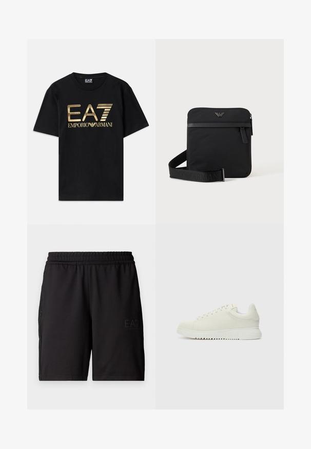 Čierne bavlnené tričko s krátkymi rukávmi, s potlačou zlatého loga "EA7 EMPORIO ARMANI" na prednej strane. Jednoduchý dizajn, okrúhly výstrih.; Čierne športové šortky vyrobené z ľahkej tkaniny, s elastickým pásom a bočnými panelmi z jemnej sieťoviny. Na prednej strane je potlačené logo značky.; Biele kožené tenisky s textúrovaným vrchom, zaoblenou špičkou, plochou bielou podrážkou a tonálnymi šnúrkami. Diskrétne logo na jazyku.; Čierna štvorcová kabelka cez rameno so zipsom, predným vreckom a nastaviteľným popruhom s vyrazeným názvom značky.