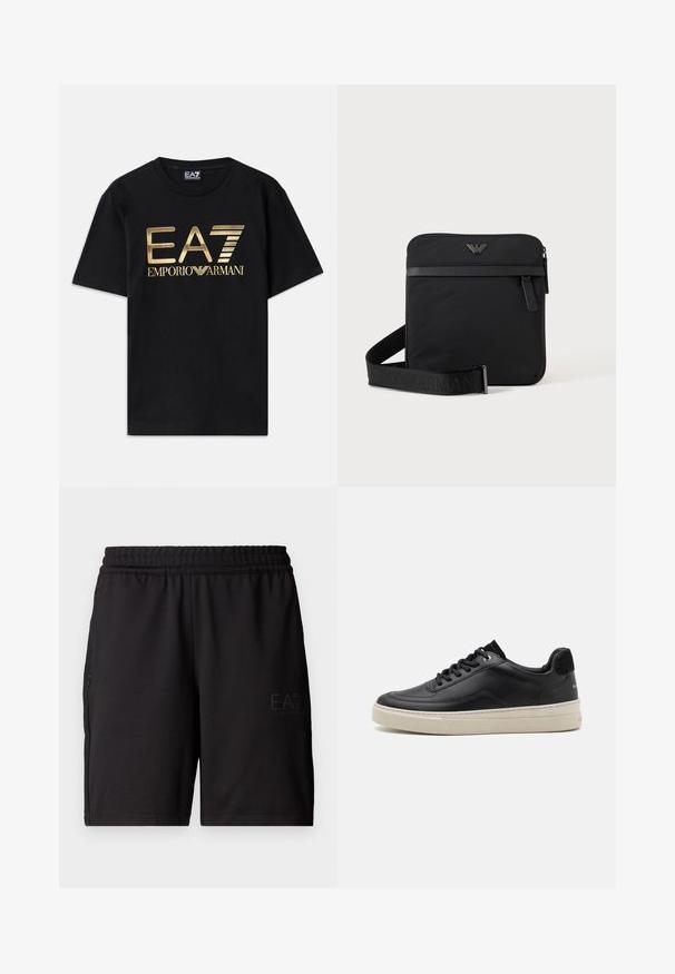 Schwarzes Baumwoll-T-Shirt mit kurzen Ärmeln, auf dessen Vorderseite ein in Gold gedrucktes "EA7 EMPORIO ARMANI" Logo prangt. Schlichtes Design, Rundhalsausschnitt.; Schwarze Sportshorts aus leichtem Material, mit elastischem Bund und seitlichen Netzpaneelen. Markenlogo auf der Vorderseite gedruckt.; Schwarzer Ledersneaker mit niedrigem Profil, ausgestattet mit einer cremefarbenen Gummisohle, runder Zehe und Schnürdesign, akzentuiert mit einer Ferse aus schwarzem Wildleder.; Schwarze quadratische Schultertasche mit Reißverschluss, Vordertasche und verstellbarem Riemen mit eingeprägtem Markennamen.