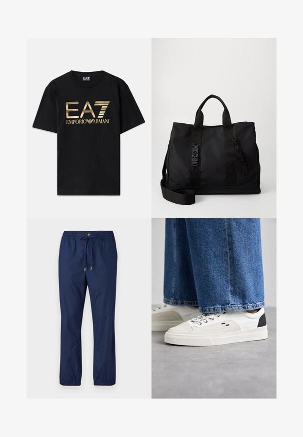 Schwarzes Baumwoll-T-Shirt mit kurzen Ärmeln, auf dessen Vorderseite ein in Gold gedrucktes "EA7 EMPORIO ARMANI" Logo prangt. Schlichtes Design, Rundhalsausschnitt.; Marineblaue, leichte Hose mit elastischem Bund, Kordelzug und umgeschlagenen Säumen. Hergestellt aus einem glatten Material mit einem schlichten Design.; Weiße und schwarze Sneaker mit einem Obermaterial aus glattem Leder, strukturierten Akzenten und einer massiven weißen Sohle. Verfügt über ein klassisches Schnürdesign.; Schwarze Nylon-Tote-Tasche mit doppelten oberen Griffen, verstellbarem Schultergurt und geprägten Logodetails. Glatte Textur mit Anhänger.