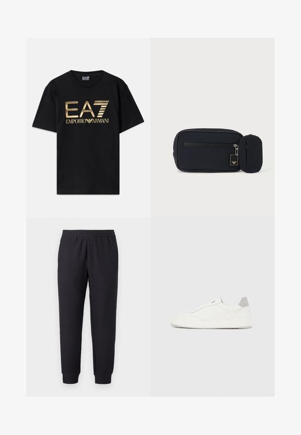 Schwarzes Baumwoll-T-Shirt mit kurzen Ärmeln, auf dessen Vorderseite ein in Gold gedrucktes "EA7 EMPORIO ARMANI" Logo prangt. Schlichtes Design, Rundhalsausschnitt.; Schwarze, verjüngte Sweatpants mit elastischem Bund und Bündchen, mit subtil strukturiertem Muster und seitlichen Taschen.; Weißer Sneaker mit niedrigem Schaft, grauem Fersenlaschen, weißen Schnürsenkeln und einer strukturierten Sohle, dargestellt vor einem schlichten hellen Hintergrund.; Schwarzes rechteckiges Täschchen mit Frontreißverschluss und kleinem angebrachtem rundem Täschchen vor einem schlichten hellen Hintergrund.