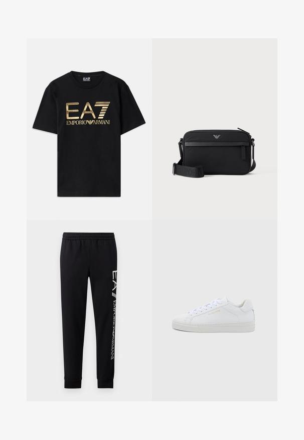 Čierne bavlnené tričko s krátkymi rukávmi, s potlačou zlatého loga "EA7 EMPORIO ARMANI" na prednej strane. Jednoduchý dizajn, okrúhly výstrih.; Čierne tepláky vyrobené z bavlnenej zmesi, s elastickým pásom, zúženými nohavicami, ribovanými manžetami a bielym logom na boku.; Biele kožené nízke tenisky s okrúhlou špičkou, plochými tkaničkami, štruktúrovanou podrážkou a jemným zlatým logom na boku. Hladký povrch a minimalistický dizajn.; Čierna obdĺžniková crossbody taška s predným vreckom na zips, nastaviteľným popruhom a malým kovovým logom v hornej strede.