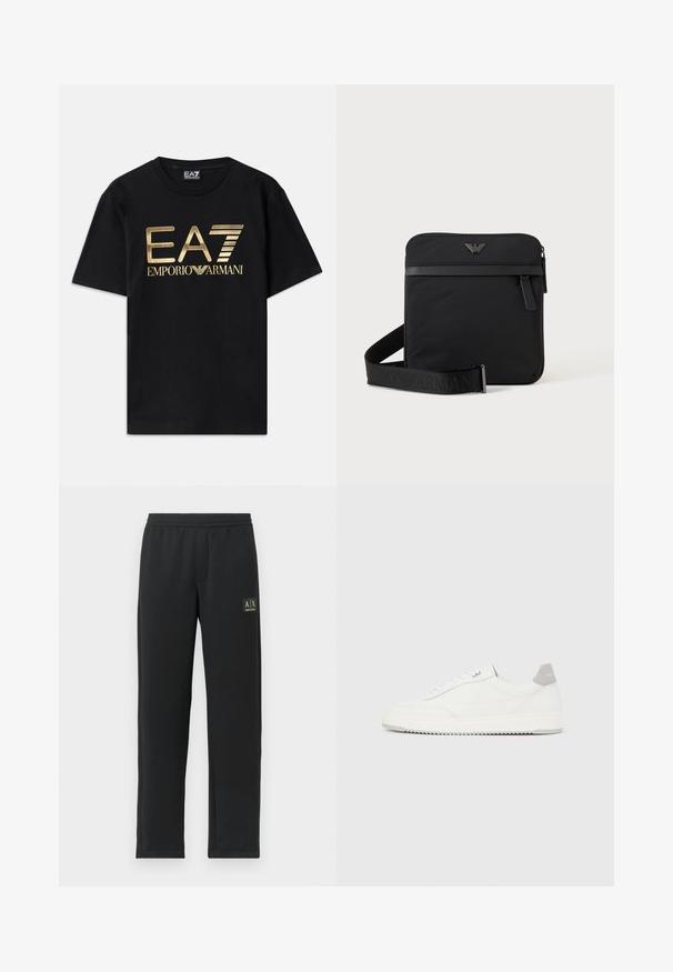 Čierne bavlnené tričko s krátkymi rukávmi, s potlačou zlatého loga "EA7 EMPORIO ARMANI" na prednej strane. Jednoduchý dizajn, okrúhly výstrih.; Čierne teplákové nohavice s rovnými nohavicami, elastickým pásom a čiernym nášivkou loga na hornej ľavej stehne.; Biela nízka teniska so sivým pätovým pásikom, bielymi šnúrkami a členitou podrážkou, zobrazená na jednoduchom svetlom pozadí.; Čierna štvorcová kabelka cez rameno so zipsom, predným vreckom a nastaviteľným popruhom s vyrazeným názvom značky.