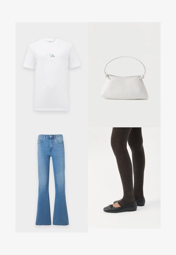 Witte katoenen t-shirt met korte mouwen en een ronde hals. Heeft een klein, meerkleurig logo op de borst. Klassiek, recht gesneden ontwerp.; Lichtblauwe denim flared jeans met een taille van gemiddelde hoogte, voorzien van voorzakken en een knoopsluiting. Soepele textuur en klassieke vijfzakkenontwerp.; Benen met donkere geribbelde leggings gecombineerd met zwarte ballerina's met kleine strikdetails op een witte achtergrond.; Witte handtas van gevlochten leer met een afgeronde handgreep en uiteinden van de band die geknoopt zijn, afgebeeld tegen een effen achtergrond.