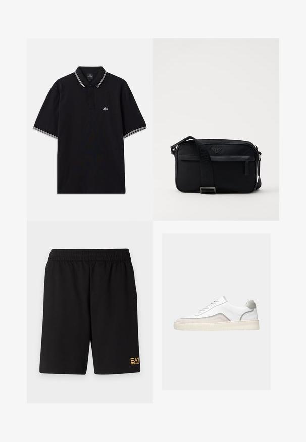 Mustmustäheline polo-särk, mis on valmistatud puuvillast, kahe nööbiga kaelusega, valgete triipudega aksessuaaridel varrukatel ning logoga rinnal.; Mustad mustad lühikesed püksid, mis on valmistatud pehmest kangast. Omavad elastset vöökohta ja väikest kollast EA7 logo vasakul jalal.; Valge madala säärega toss beezikate seemisnahast detailide, halli ääristuse, valgete paelte ning paksu muudest toonidest eristuva kummitaldaga, külje pealt heledal taustal.; Musta nailonist õlakott kontrastse rihmaga, stiilne ristkülikukujuline kuju, logo detail ja esipoolse lukuga tasku.