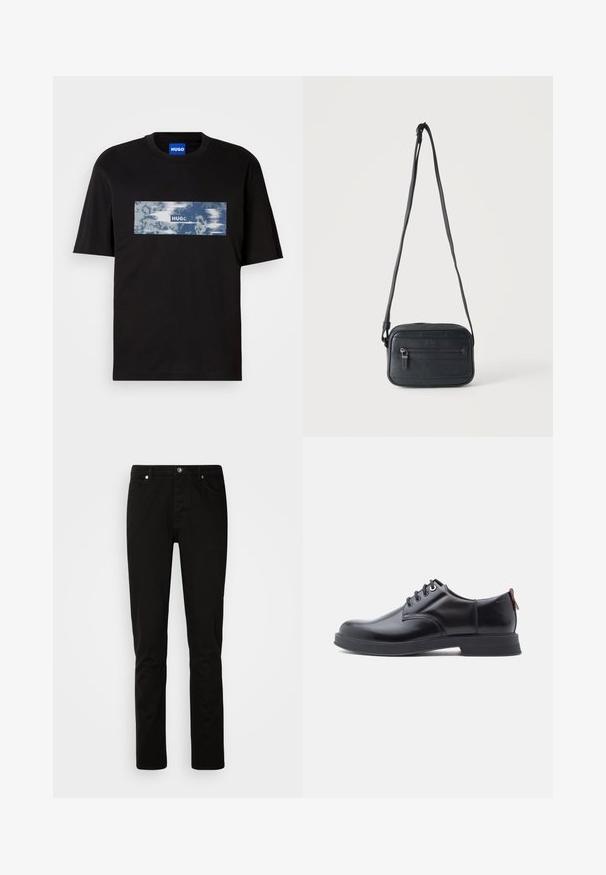 Zwarte T-shirt met korte mouwen met een blauw-witte rechthoekige graphic en de tekst "HUGO" op de borst, en een blauw label binnenin de kraag.; Zwarte rechtvallende spijkerbroek met knoop- en ritssluiting aan de voorkant, voor- en achterzakken, getoond op een effen lichte achtergrond.; Zwarte leren veter schoenen met een gladde textuur, ronde neus en subtiel stiksel detail. Voorzien van een rode trekband op de hiel.; Zwarte crossbodytas met een voorvak met rits, een gestructureerd oppervlak en een verstelbare band, hangend tegen een effen lichte achtergrond.