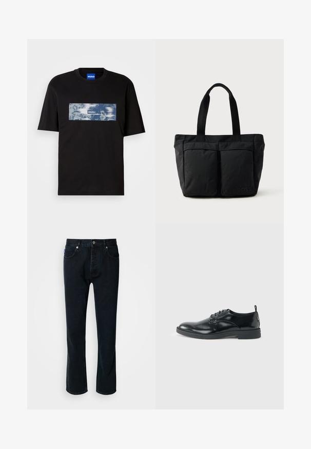 Zwarte T-shirt met korte mouwen met een blauw-witte rechthoekige graphic en de tekst "HUGO" op de borst, en een blauw label binnenin de kraag.; HUGO JONAH - Straight leg jeans - dark blue; Glanzende zwarte lederen nette schoen met lage hak, vetersluiting en ronde neus, van opzij getoond tegen een effen lichte achtergrond.; Zwarte tote bag met een zachte stoffen constructie, twee voorvakken en stevige handvatten. Logo aan de zijkant weergegeven. Eenvoudig, functioneel ontwerp.
