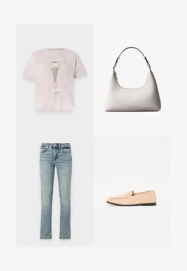 T-shirt en coton rose clair avec un motif de glace en cornet avec des coulures. Le texte indique "GLACE S'IL VOUS PLAÎT" en blanc. Manches courtes, coupe décontractée.; Jeans en denim bleu clair avec une coupe droite, style cinq poches et décoloration subtile. Possède une fermeture à bouton en métal et fermeture éclair.; Mocassins en cuir beige avec des détails brodés, une semelle noire plate et un bout arrondi. Design minimaliste sans quincaillerie ou accents visibles.; Sac à bandoulière en cuir couleur crème de Calvin Klein avec bord supérieur incurvé, fermeture éclair argentée et sangle ajustable brun foncé.
