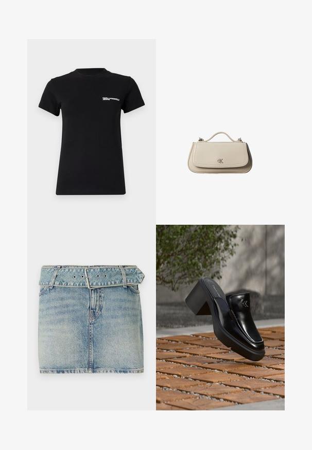 Schwarzes T-Shirt aus Baumwolle; mit kurzen Ärmeln, einem runden Ausschnitt und einem weißen Logo im linken Brustbereich. Glatte Oberfläche.; Denim-Minirock mit hellblauer Waschung, ausgestattet mit einem taillierten Bund mit metallenem Schnallenverschluss, fünf Taschen und dezenten Auswaschungen für Struktur.; Schwarze Leder-Slip-on-Mule von Calvin Klein mit Blockabsatz, die auf Holzfliesen im Freien nahe einer grünen Pflanze und einer grauen Wand ruht.; Kleine beigefarbene Lederhandtasche mit oberem Griff und silbernem CK-Logo auf der Frontklappe, vor weißem Hintergrund dargestellt.