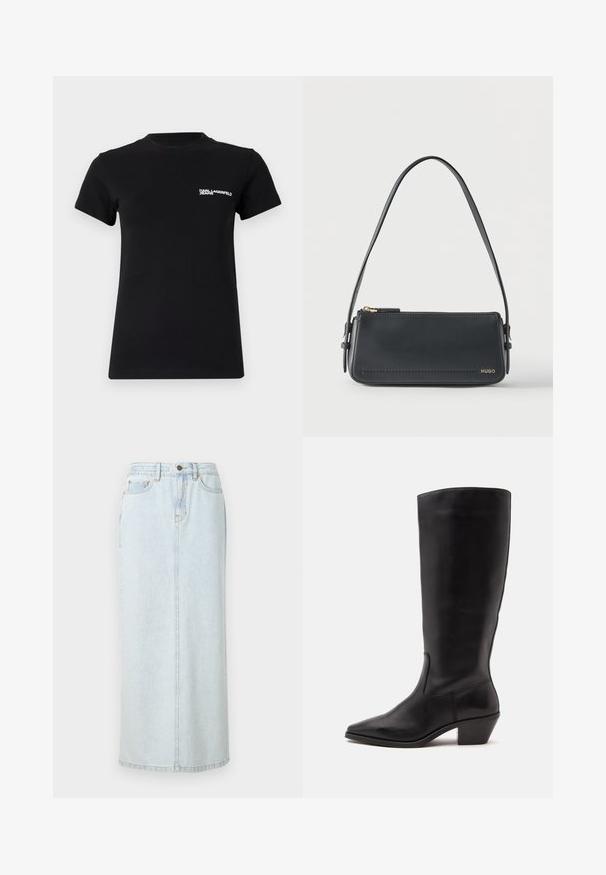 Schwarzes T-Shirt aus Baumwolle; mit kurzen Ärmeln, einem runden Ausschnitt und einem weißen Logo im linken Brustbereich. Glatte Oberfläche.; Hellblauer Denim-Maxi-Rock mit geradem Design, vorderer Knopfverschluss und sichtbaren Nähten. Verfügt über zwei Fronttaschen.; Schwarzer Lederstiefel bis zur Wade mit spitzer Spitze und niedrigem schrägem Absatz vor einfachem hellem Hintergrund.; Schwarze rechteckige Lederschultertasche mit goldenem Reißverschluss und kleinem goldenem "HUGO"-Logo auf der Vorderseite, mit verstellbarem Riemen und Schnalle.