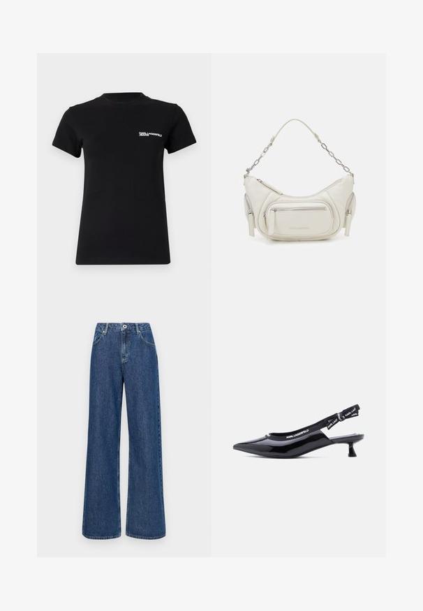 Schwarzes T-Shirt aus Baumwolle; mit kurzen Ärmeln, einem runden Ausschnitt und einem weißen Logo im linken Brustbereich. Glatte Oberfläche.; Weite blaue Jeans mit hohem Bund, ausgestattet mit Fronttaschen und einem einzelnen Knopfverschluss. Strukturierter Stoff mit sichtbaren Nähten.; Schwarzer Slingback-Pumps aus Lackleder mit spitz zulaufender Kappe und elastischem Markenriemen mit der Aufschrift "KARL LAGERFELD".; Weißer Lederbeutel mit einer geschwungenen Form, mit einer Kette verziertem Tragegurt und mehreren Reißverschlusstaschen. Glatte Oberfläche mit Markenlogo auf der Vorderseite.