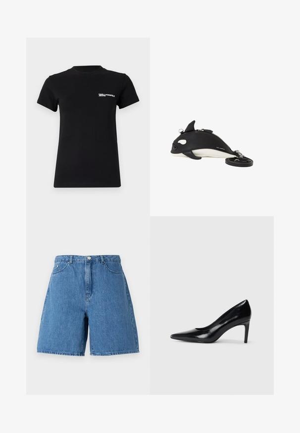 Schwarzes T-Shirt aus Baumwolle; mit kurzen Ärmeln, einem runden Ausschnitt und einem weißen Logo im linken Brustbereich. Glatte Oberfläche.; Denim-Shorts in einem mittleren Blau, mit hoher Taille, zwei Fronttaschen und einem klassischen Fünf-Taschen-Design mit Stichdetails.; Schwarzer Lederhochschuh mit spitzem Zehenbereich, glatter Textur und schmalem Absatz. Minimalistisches Design, keine zusätzlichen Verzierungen.; Schwarz-weiße Umhängetasche in Form eines Orcas mit Reißverschluss, kleinen Flossendetails und abnehmbarem, zusammengerolltem Riemen daneben.