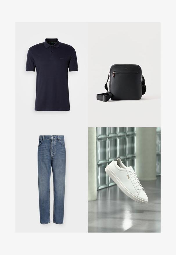 Mørkeblå polo shirt med blød tekstur, to-knap åbning, korte ærmer og diskret logo på venstre bryst. Enkel og klassisk design.; Straight-leg blå denim jeans med høj talje, frontknaplukning og fem-lomme design på en ensartet lys baggrund.; Hvid læder lav-top sneaker med snørebånd, sort hælflig og "BOSS"-logo, svævende indendørs nær glasblok væg og poleret gulv.; Sort læder crossbody taske med frontlynlåslomme og justerbar rem på ensfarvet hvid baggrund.