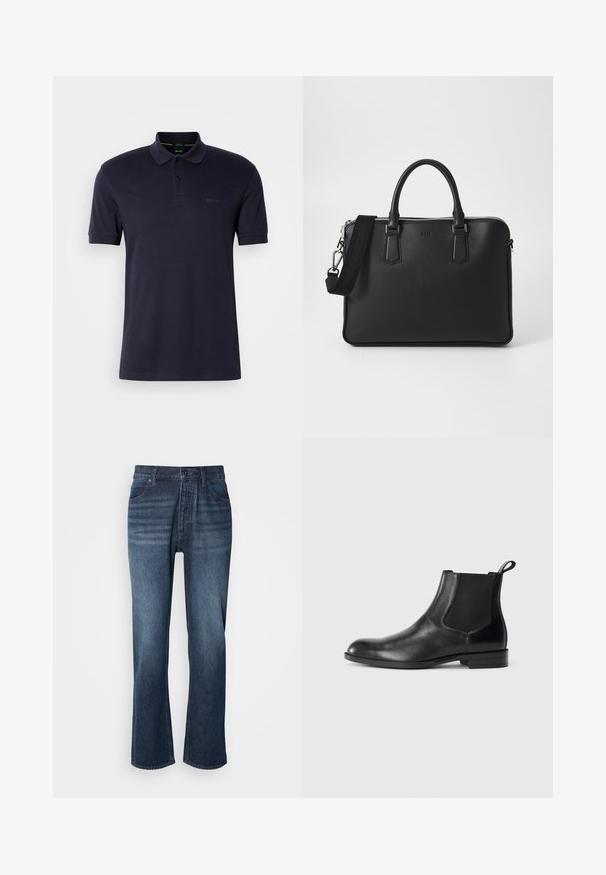 Mørkeblå polo shirt med blød tekstur, to-knap åbning, korte ærmer og diskret logo på venstre bryst. Enkel og klassisk design.; Denim jeans med lige ben design, medium vask, fem-lomme stil og knaplukning. Stoffet har en glat tekstur med let falmede områder.; Sorte læder ankelstøvler med elastiske sidepaneler, rund tå og en trækloft. Glat tekstur, flad sål, minimalistisk design.; Sort lædertaske med struktureret overflade, doble håndtag og en aftagelig skulderrem. Har sølvfarvede lynlåse og minimalistiske designelementer.