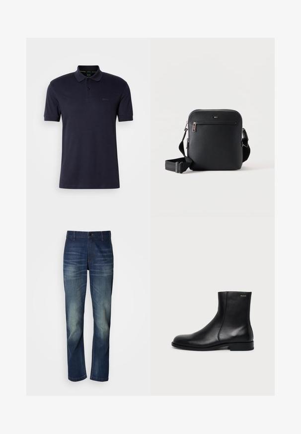Navy-Blaues Polohemd mit weichem Material, zwei Knöpfen am Kragen, kurzen Ärmeln und dezentem Logo auf der linken Brust. Einfaches und klassisches Design.; Dunkelblaue Jeans aus Denim mit geradem Bein, vorne mit Ausbleichungen, Knopfleiste und dem klassischen Fünf-Taschen-Design.; Schwarzer Leder-Knöchelstiefel mit niedrigem Absatz, seitlicher Naht und kleinem "HUGO" Logo am oberen Schaft vor einfarbigem Hintergrund.; Schwarze Leder-Umhängetasche mit vorderer Reißverschlusstasche und verstellbarem Riemen auf weißem einfarbigem Hintergrund.