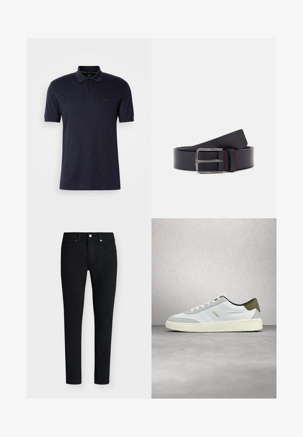 Navy-paitapaita, jossa on pehmeä rakenne, kahden napin nappilista, lyhyet hihat ja huomaamaton logo vasemmassa rinnassa. Yksinkertainen ja klassinen muotoilu.; Mustat slim fit -farkut, joissa on etutaskut, vyölenkit, napitus ja vetoketjuhalkio valkoisella taustalla.; Valkoinen ja harmaa matalakärkinen tennari valkoisilla nauhoilla ja kullansävyisellä "HUGO"-logolla, leijuu sileän harmaan lattian yläpuolella lasiseinän taustaa vasten.; Laikku sininen nahkavyö, jossa on sileä pinta, varustettuna hopeisella metalli-soljella ja punaisella tikillä reunassa.