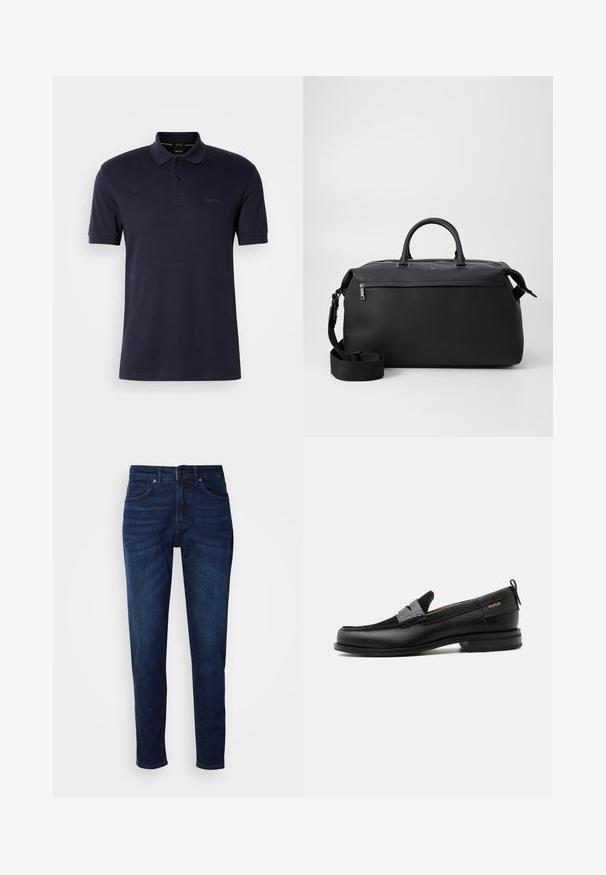 Tumes polo särk pehme tekstuuriga, kahe nupuga kaelus, lühikesed varrukad ja diskreetne logo vasakul rinnal. Lihtne ja klassikaline disain.; Tumedat sinised denim teksad sirge säärega disainiga, millel on taskud ja nööpkinnitus taljes. Pehme tekstuur, minimaalne pleekimise detail.; Must nahast loafer halli rihma detailiga, madala kand ja tekstuurse tallaga, külgedel kuldse "HUGO" brändiga.; Mustast nahast duffel kott kahe ülemise käepideme, eemaldatava õlarihma ja lukuga esikoti lisarakendamisega.