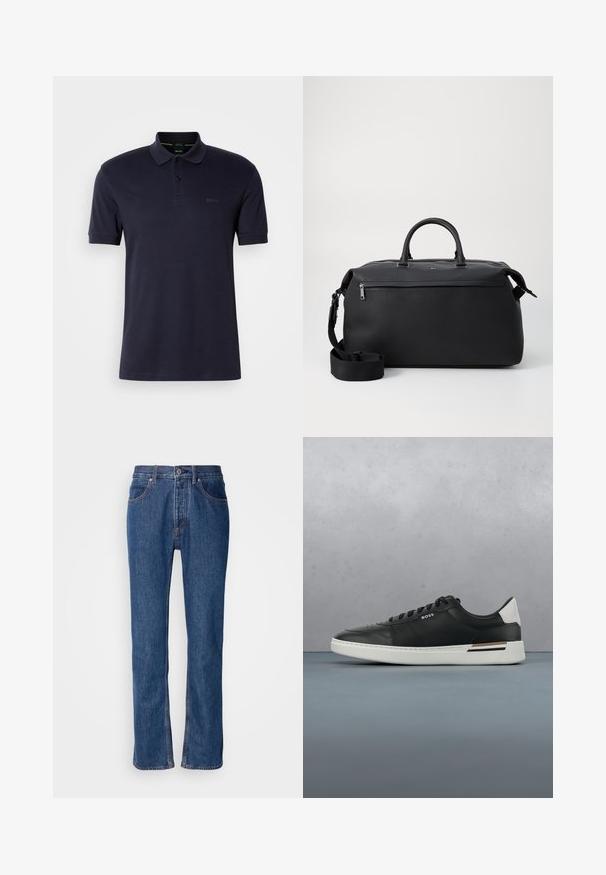 Mørkeblå polo shirt med blød tekstur, to-knap åbning, korte ærmer og diskret logo på venstre bryst. Enkel og klassisk design.; Blå denimjeans med lige snit, fem-lomme-design og lys syning. Har lynlås og knaplukning foran.; Sort lædersneaker med hvid sål, har perforeringer, snørebåndsdesign, logo på siden og kontrasterende hældetalje i hvid og brun.; Sort læder duffel taske med to top hanke, en aftagelig skulderrem og en lynlåslomme foran til ekstra opbevaring.