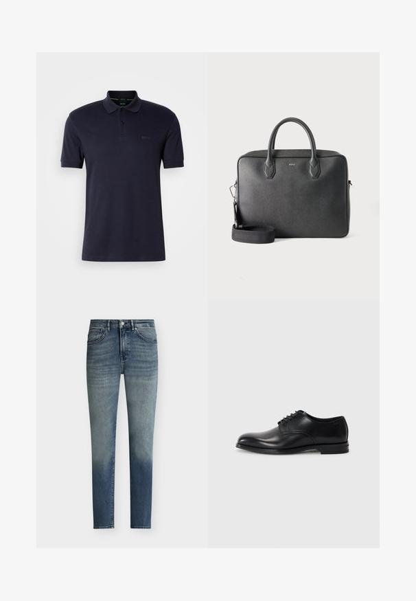 Navy-paitapaita, jossa on pehmeä rakenne, kahden napin nappilista, lyhyet hihat ja huomaamaton logo vasemmassa rinnassa. Yksinkertainen ja klassinen muotoilu.; Miesten slim fit -siniset farkut, joissa hienovarainen haalistumisefekti, nappikiinnitys ja viiden taskun malli.; Musta nahkakengät pyöreällä kärjellä, nauhoilla kiinnitettävä malli, sileä pinta ja matala kumipohja. Vähäiset ompeluyksityiskohdat.; Musta nahkainen salkku, jossa kaksi yläkädensijaa, irrotettava olkahihna ja pieni BOSS-logo keskellä edessä yksivärisellä taustalla.