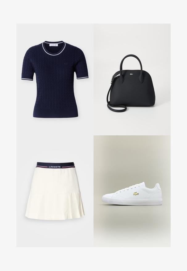Haut en maille à manches courtes bleu marine avec motif en torsades, bordure rayée blanche sur le col et les bords des manches, et petit logo brodé sur la poitrine.; Jupe plissée blanche avec une ceinture marine arborant un logo Lacoste et des accents rouges. Fabriquée dans un matériau lisse et doux.; Baskets blanches en cuir lisse avec un embout arrondi, des lacets plats et un petit logo doré. Présente une semelle en caoutchouc texturée et un design sobre.; Sac à main noir en matériau texturé, doté de deux poignées supérieures et d'une bandoulière amovible, avec un accent logo en argent.