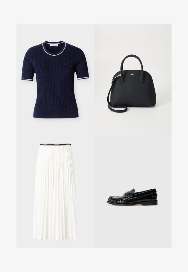 Haut en maille à manches courtes bleu marine avec motif en torsades, bordure rayée blanche sur le col et les bords des manches, et petit logo brodé sur la poitrine.; Jupe plissée blanche avec une taille élastique noire portant le logo "LACOSTE". Design mi-long avec une texture douce.; Mocassins en cuir noir avec un bout arrondi, des coutures décoratives et un petit accent doré sur le dessus. Semelle en caoutchouc plate, design épuré.; Sac à main noir en matériau texturé, doté de deux poignées supérieures et d'une bandoulière amovible, avec un accent logo en argent.