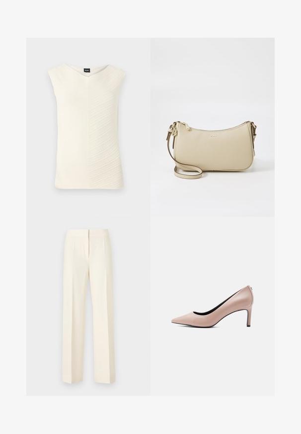 Taco sin mangas en color crema, con un escote en V, patrón ondulado texturizado y una silueta ajustada, fabricado con un tejido suave y elástico.; Pantalones rectos a medida color blanco hueso con pliegue frontal, cintura y cierre delantero oculto sobre un fondo liso.; Zapato de tacón alto beige con punta estrecha y tacón de aguja delgado sobre un fondo blanco liso.; Bolso de hombro de cuero beige con forma curva, detalles en dorado, cierre con cremallera y correa ajustable. Logotipo "BOSS" grabado en la parte frontal.