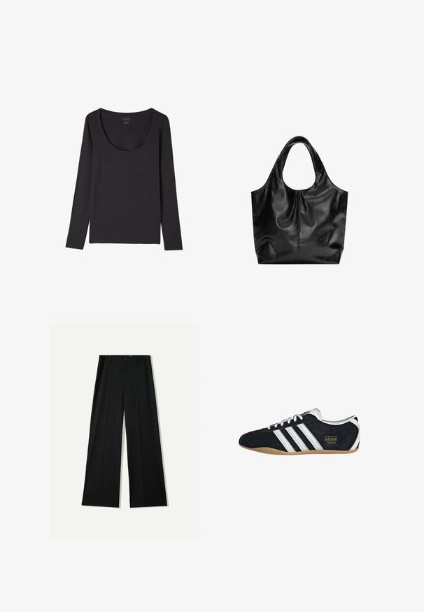 Sort langærmet skjorte med bred rund halsudskæring, lagt fladt på en hvid baggrund.; Bershka WIDE - Bukser - black; Sort ruskinds sneaker med hvide tre striber, guldlogo og en brun gummisål. Har et lavprofil snørebåndsdesign.; Sort læder tote taske med en glat overflade, en blød, afrundet top og brede håndtag. Har minimal syning og en afslappet silhuet.