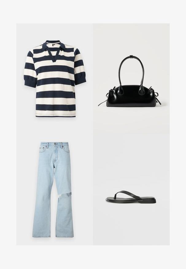 Stribet bomulds polo skjorte med hvide og marineblå vandrette striber, korte puffærmer, V-udskæring og ribbet krave.; Lysblå denimjeans med flared design, der har et slidtegning på knæet og standard frontlommer.; Sorte flip-flops lavet af glat læder, med et tyndt remdesign og en flad sål med et minimalt profil. Ingen bemærkelsesværdige mønstre eller accenter.; Lille sort blank håndtaske med to lange håndtag og snøre-detaljer i siden på en ensfarvet lys baggrund.