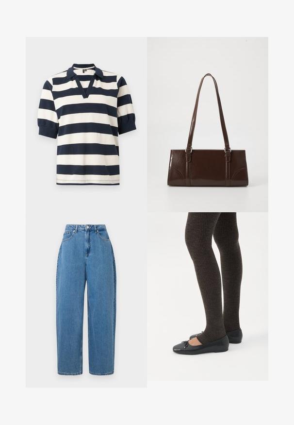 Gestreepte katoenen poloshirt met witte en marineblauwe horizontale strepen, korte pofmouwen, V-hals en geribde kraag.; Lichtblauwe denim broek met een recht gesneden fit, hoge taille en voorste knoopsluiting. Heeft vijf zakken en minimale stikdetails.; Benen met donkere geribbelde leggings gecombineerd met zwarte ballerina's met kleine strikdetails op een witte achtergrond.; Bruine lakleren handtas met een rechthoekige vorm, twee lange handvatten en subtiele gebogen accenten aan de voorkant.