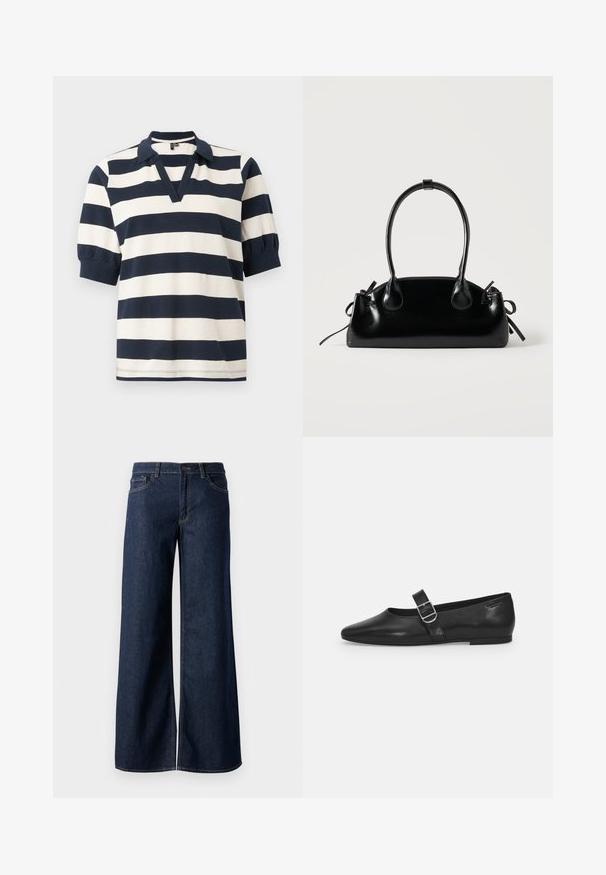 Camisa polo de algodón a rayas con rayas horizontales blancas y marinas, manga corta tipo abullonada, escote en V y cuello de canalé.; Jeans de pierna ancha en denim azul oscuro. Presenta costuras en contraste, cinco bolsillos y un cierre de botón en la cintura. Textura suave.; Zapato plano de cuero negro con punta redondeada, una sola correa ajustable con hebilla y una textura suave y brillante. Diseño minimalista con un tacón bajo.; Pequeño bolso negro brillante con dos asas largas y detalles de cordón lateral sobre un fondo claro liso.
