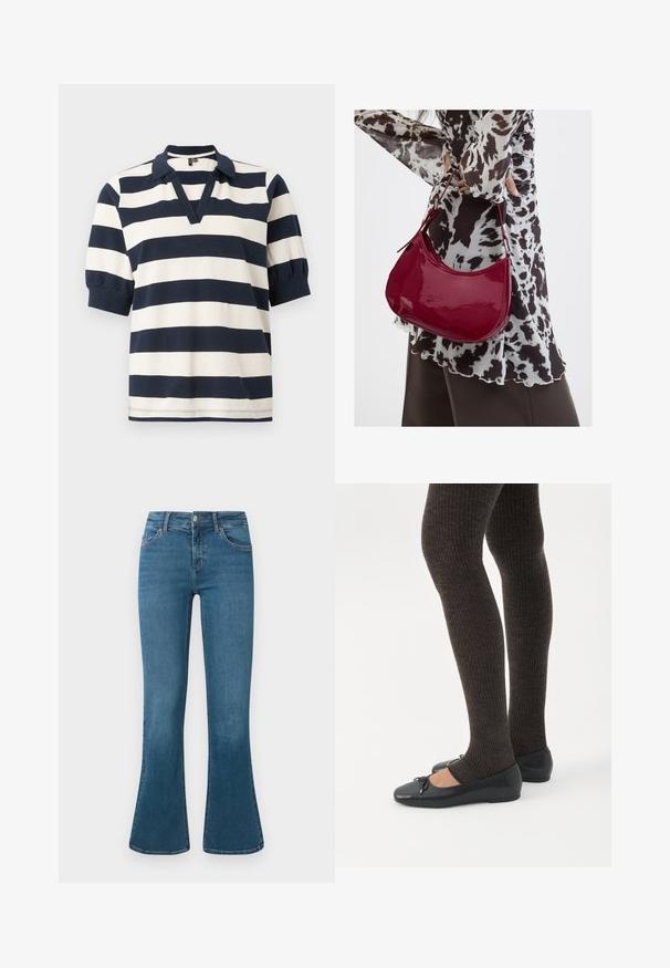 Gestreepte katoenen poloshirt met witte en marineblauwe horizontale strepen, korte pofmouwen, V-hals en geribde kraag.; Blauwe denim flared jeans met een middelhoge tailleband, vijf zakken en subtiele stikseldetails. Glad textuur met een klassieke wassing.; Benen met donkere geribbelde leggings gecombineerd met zwarte ballerina's met kleine strikdetails op een witte achtergrond.; Vrouw met een zwart-wit gebloemde blouse houdt een glanzende rode schoudertas vast tegen een effen achtergrond.