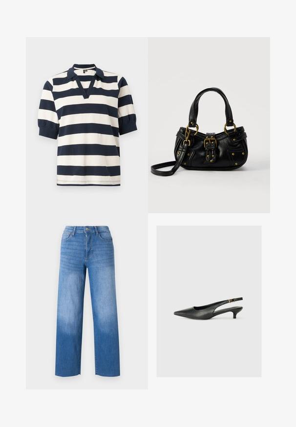 Gestreepte katoenen poloshirt met witte en marineblauwe horizontale strepen, korte pofmouwen, V-hals en geribde kraag.; Lichtblauwe denim spijkerbroek met een wijd uitlopend model, voorzien van een vijf-pocket ontwerp, een rits en subtiele vervaging op de dijen. Schoon afgewerkte randen.; Zwarte puntschoen met slingback van soepel leer. Kenmerkt zich door een dunne hak en een gespdetail op de verstelbare band.; Zwarte leren handtas met gouden gesp en klinknagel details, korte handvatten en een verstelbare schouderriem op een effen witte achtergrond.