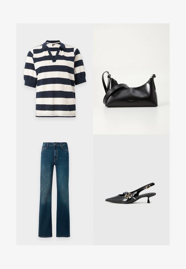 Gestreepte katoenen poloshirt met witte en marineblauwe horizontale strepen, korte pofmouwen, V-hals en geribde kraag.; Donkerblauwe, high-waisted jeans met een rechte pijp. Gemaakt van denim, met contrasterende stiksels en een klassiek ontwerp met vijf zakken.; Zwarte patenten leren slingback hakken met een spitse neus, dubbele banden met gouden gespen en een korte kittenhak. Glad van structuur.; Zwarte leren handtas met een gladde textuur. Beschikt over een verstelbare schouderband en een strak, minimalistisch ontwerp met een ritssluiting.