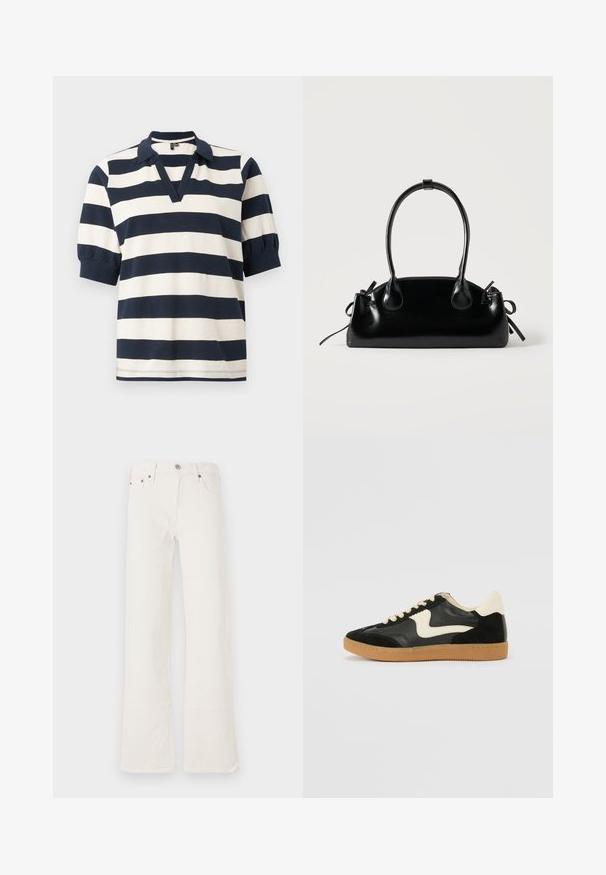 Camisa polo de algodón a rayas con rayas horizontales blancas y marinas, manga corta tipo abullonada, escote en V y cuello de canalé.; Jeans acampanados blancos hechos de denim, con cintura alta, cinco bolsillos y costuras de doble puntada, adornados con herrajes en tono cobre.; Zapatillas de deporte de ante y cuero negro con un swoosh lateral en crema y un talón en crema claro. Presenta cordones beige y una suela de goma marrón.; Pequeño bolso negro brillante con dos asas largas y detalles de cordón lateral sobre un fondo claro liso.