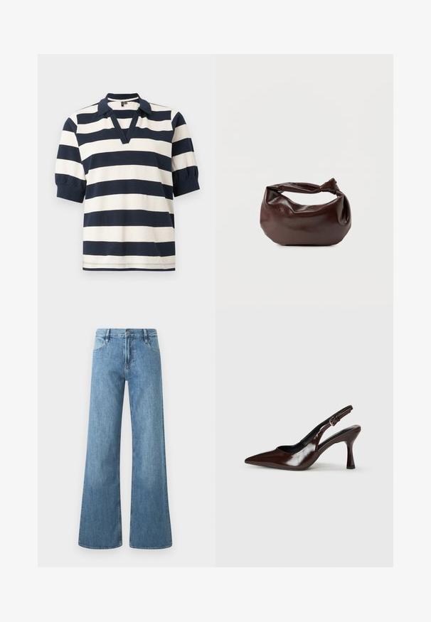 Gestreiftes Baumwoll-Polohemd mit weißen und navyblauen horizontalen Streifen, kurzen Puffärmeln, V-Ausschnitt und geripptem Kragen.; Hellblaue weite Jeans aus Denim. Mit hohem Bund, Fünf-Taschen-Design und einem Knopfverschluss mit sichtbaren Nähten.; Braune lackleder Slingback-Absätze mit spitzem Zehen, einem dünnen Absatz und einem verstellbaren Riemen mit einer kleinen Schnalle.; Dunkelbraune Lederschultertasche mit weicher, lockerer Form und einem gedrehten Knotengriff vor schlichtem weißem Hintergrund.