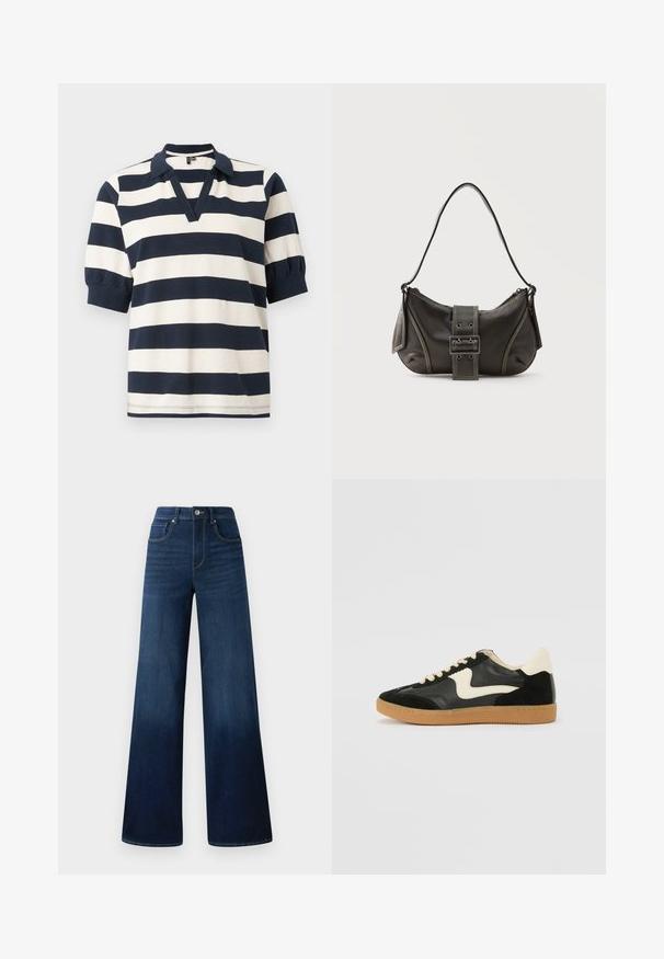 Gestreepte katoenen poloshirt met witte en marineblauwe horizontale strepen, korte pofmouwen, V-hals en geribde kraag.; Wide-leg donkerblauwe jeans van denim, met een hoge taille, vijf zakken en contrasterende stiksels langs de naden.; Zwarte suède en leren sneaker met een crèmekleurige zij-swoosh en lichte crèmekleurige hiel. Voorzien van beige veters en een gumrubberen zool.; Zwarte leren schoudertas met gespsluiting aan de riem, afgeronde hoeken en contrasterende witte stiksels op een effen achtergrond.