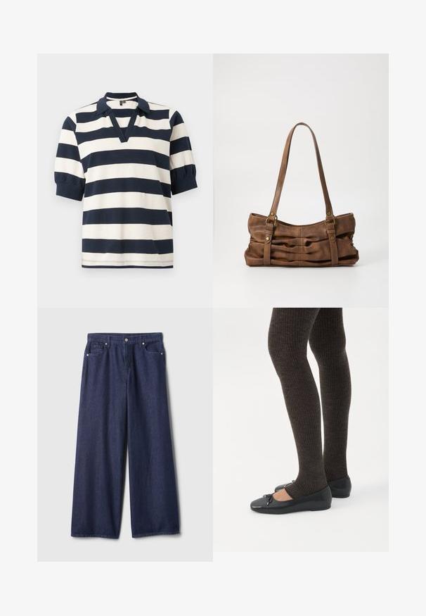 Stribet bomulds polo skjorte med hvide og marineblå vandrette striber, korte puffærmer, V-udskæring og ribbet krave.; Vidbenet mørkeblå denimjeans med en glat tekstur, fem-lomme design, lukning med metal-knap og syningsdetaljer langs sømmene.; Ben iført mørke ribbede leggings kombineret med sorte balletsko med små sløjfedetaljer på hvid baggrund.; Even&Odd by Zalando Håndtasker - brown