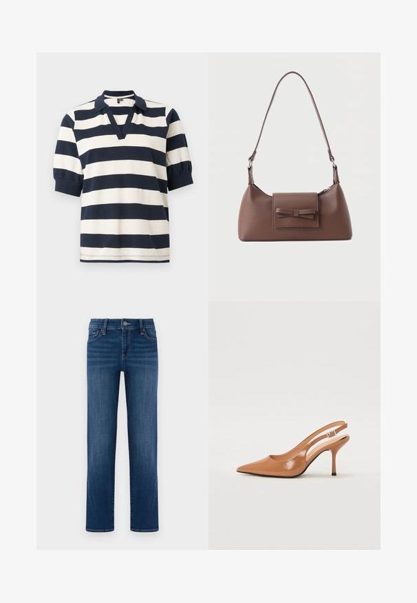 Polo en coton à rayures avec des rayures horizontalement blanches et marines, manches courtes bouffantes, décolleté en V et col à côtes.; Jeans en denim bleu, design à jambe droite, lavage moyen, cinq poches, fermeture à bouton et à fermeture éclair, couture visible, texture lisse.; Escarpin à talon slingback à bout pointu en matériau beige lisse et brillant. Présente un design de découpes courbées et un talon aiguille fin. Détail de boucle en argent.; Sac à bandoulière en cuir marron avec une poche à rabat avant ornée d'un détail en forme de nœud cousu et une sangle réglable.