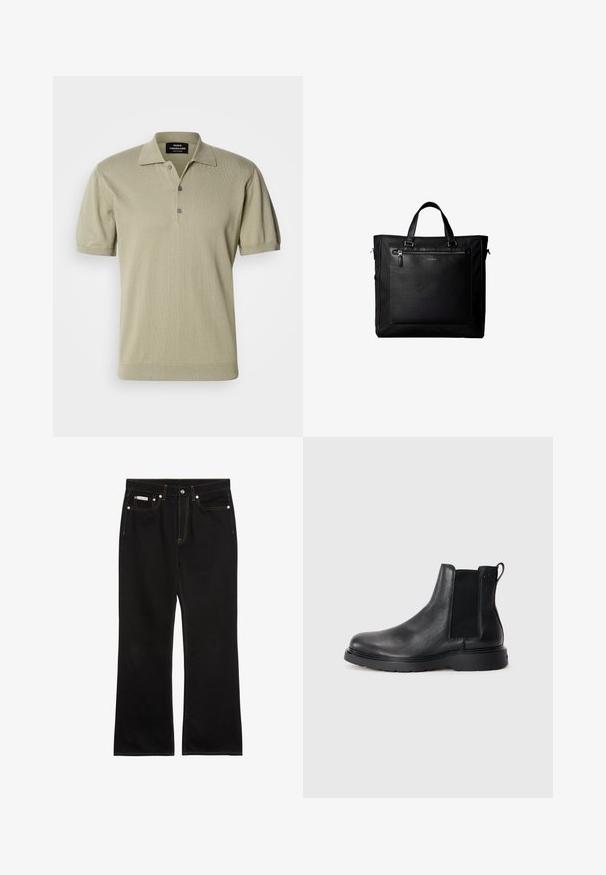 Korte mouwen polo shirt in licht olijfgroene gebreide stof, met een platte kraag, drieknoopsluiting en geribbelde zoom.; Zwarte jeans met rechte pijpen, oranje stiksels, vijf zakken, knoopsluiting en een klein Calvin Klein-label op de voorste rechterzak.; Zwarte leren Chelsea boots met een gestructureerde afwerking, elastische zijpanelen en een stevige rubberen zool. Subtiele branding op de hiel.; Zwarte tote bag met dubbele handvatten, grote voorste leren zak met ritssluiting en subtiel Calvin Klein-logo in het midden van de zak.