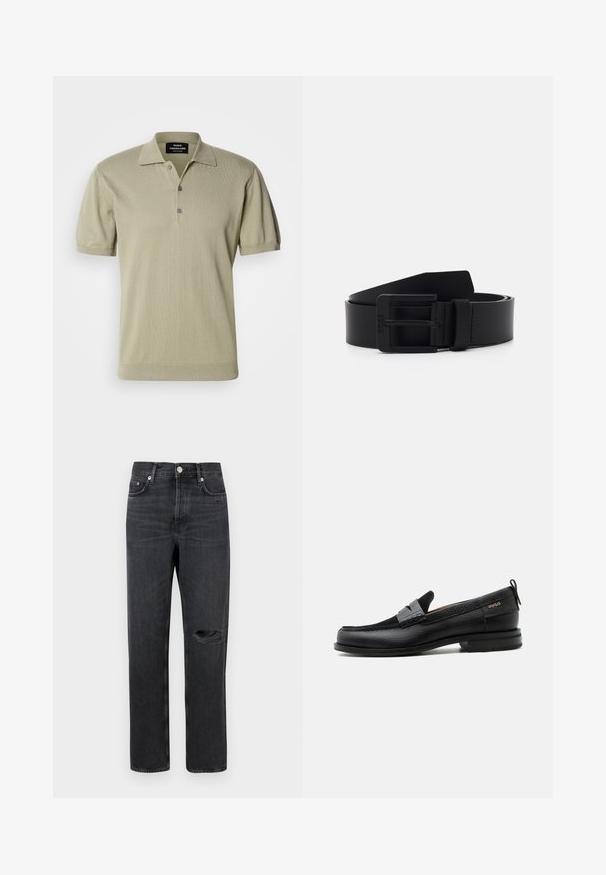 Polo à manches courtes en tissu tricoté vert olive clair, avec un col plat, une patte de boutonnage à trois boutons et un ourlet côtelé.; Jean en denim noir avec jambe droite, présentant un genou déchiré, un design à cinq poches et des accessoires en métal à la taille et aux poches.; Mocassin en cuir noir avec détail de bride grise, talon bas et semelle texturée, marqué "HUGO" en or sur le côté.; Ceinture en cuir noir à finition mate, présentant une boucle en métal rectangulaire et une texture lisse. Design simple sans motifs ni accents.
