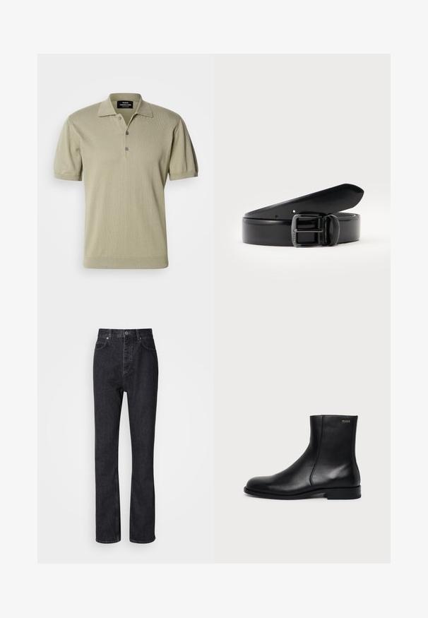 Polo à manches courtes en tissu tricoté vert olive clair, avec un col plat, une patte de boutonnage à trois boutons et un ourlet côtelé.; Jean en denim noir taille haute avec fermeture à bouton et à glissière, poches avant et arrière, et coupe droite.; Bottine en cuir noir à talon bas, couture latérale et petit logo "HUGO" sur le revers supérieur sur un fond uni.; Ceinture en cuir noir roulée avec une boucle à ardillon métallique noire, sur un fond clair uni.