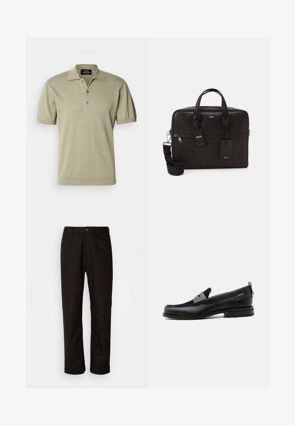 Korte mouwen polo shirt in licht olijfgroene gebreide stof, met een platte kraag, drieknoopsluiting en geribbelde zoom.; Zwarte katoenen broek met een rechte snit, riemlussen, een ritssluiting aan de voorkant en een enkele knoopsluiting. Soepele textuur zonder zichtbare patronen.; Zwarte leren loafer met grijs riemdetailelement, lage hak en gestructureerde zool, aan de zijkant gebrandmerkt met "HUGO" in goud.; Zwarte laptoptas met een gestructureerd oppervlak, dubbele handvatten, een afneembare schouderriem en metalen hardware. Beschikt over twee labels en een gestructureerd ontwerp.