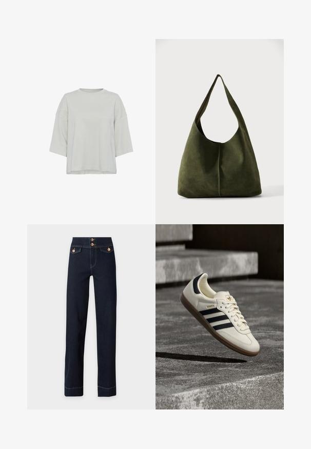 Lys grå, kortærmet top lavet af blød stof. Har en rund halsudskæring og subtile sømdetaljer foran. Regular fit.; Mørkeblå jeans med høj talje, lige ben, kobberknapper, klaplommer foran og synlige gule syninger.; Hvid Adidas Samba sneaker med sorte striber og gummsål, svævende over teksturerede grå betonstrin.; Stor, slouchy skuldertaske i olivengrønt ruskind med en bred rem og blød, ustruktureret form mod en enkel baggrund.