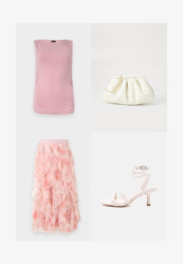 Top sin mangas rosa hecho de un material suave y elástico. Presenta un escote en forma de barco y lados fruncidos para una silueta ajustada.; Falda midi de tul en capas rosa con patrón floral y cintura elástica, con texturas suaves y volantes.; Sandalia blanca de tacón con tiras en la parte delantera, correa envolvente en el tobillo con hebilla y tacón delgado de altura media, sobre un fondo liso.; Bolso de mano de cuero blanco con un diseño recogido, cuenta con una cadena dorada y forma redondeada. Textura suave con pliegues suaves y sin patrones.