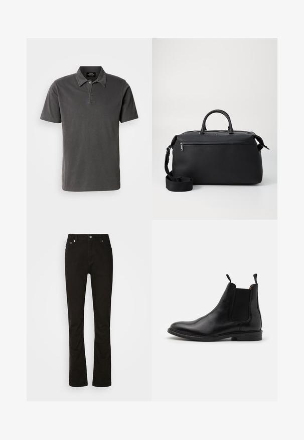 Polo de color gris oscuro, hecho de algodón suave. Presenta un cuello con dos botones, mangas cortas y un dobladillo recto.; Jeans de denim negro con diseño de pierna recta, que cuentan con bolsillos frontales, una cremallera y acentos de hardware plateado. Textura suave, sin patrones.; Botín Chelsea de piel negra con paneles laterales elásticos, puntera redondeada, tiradores y tacón bajo apilado. Textura suave y diseño clásico.; Bolsa de viaje de cuero negro con dos asas superiores, una correa de hombro desmontable y un bolsillo frontal con cremallera para almacenamiento adicional.